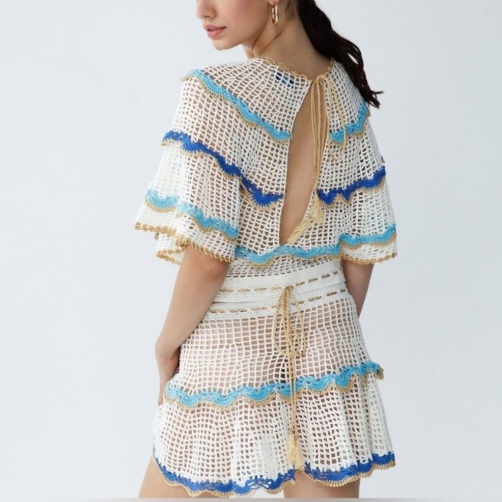 Revolve My Beachy Side Boho Cream Gold Blue Rima Crochet Top Size Small NWT! - Picture 3 of 13